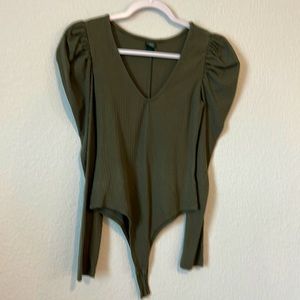 Wild Fable Sz S Olive Green Long Puff Sleeve Waffle Knit Bodysuit